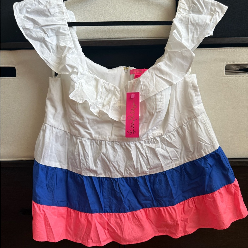 Lilly Pulitzer White and Blue Ruffled Blouse